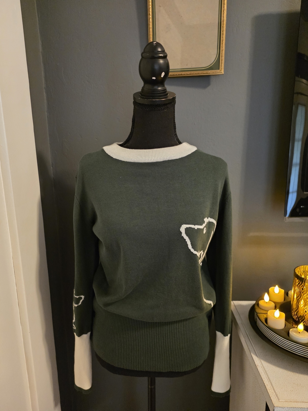 Women's Dark Green Crewneck Sweater with White Trim